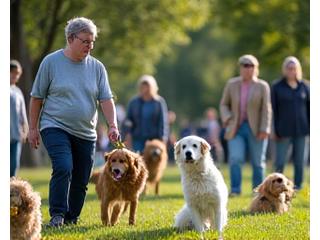 People and dogs attending an outdoor pet education workshop, symbolizing the launch of educational programs