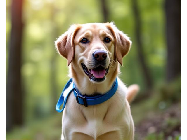 A happy dog confidently wearing a stylish, durable eco-friendly collar and leash, looking well-groomed and healthy, demonstrating product quality.