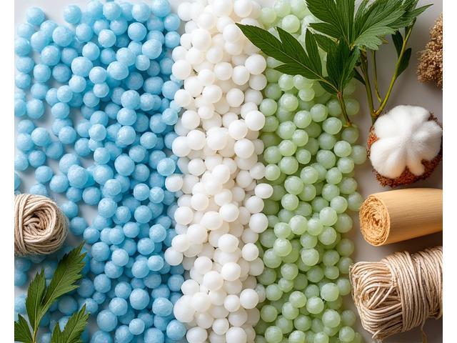 Close-up of various sustainable materials: recycled plastic pellets, organic cotton fibers, natural hemp cord, and smooth bamboo pieces.